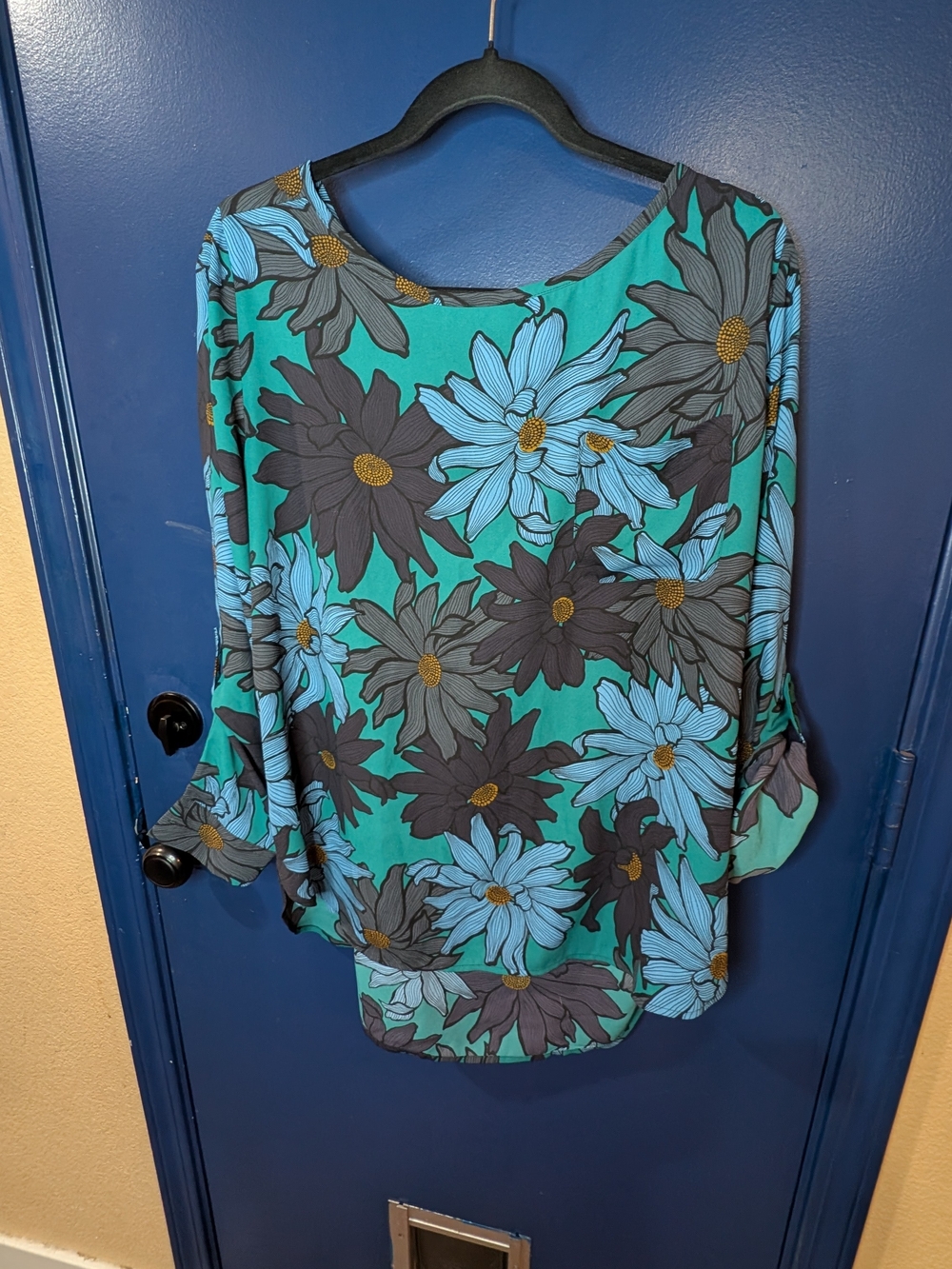 Ann Taylor LOFT Floral Tunic Blouse XL Teal Blue Roll Tab Sleeve